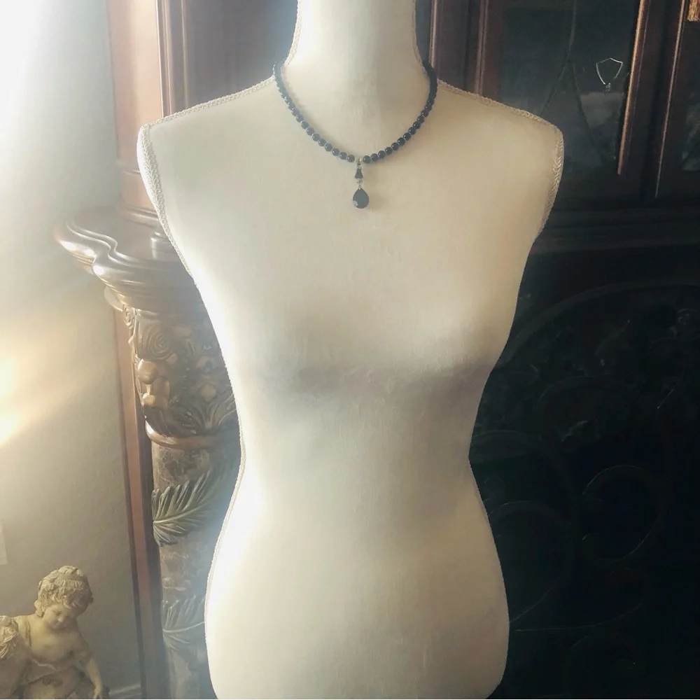 Handcrafted repurpose faceted black crystal pendant Czech glass Pearl necklace